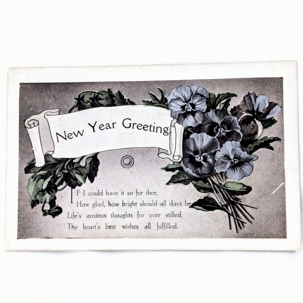 New Year Greeting on a Scroll with a Bouquet of Pansies Vintage Postcard